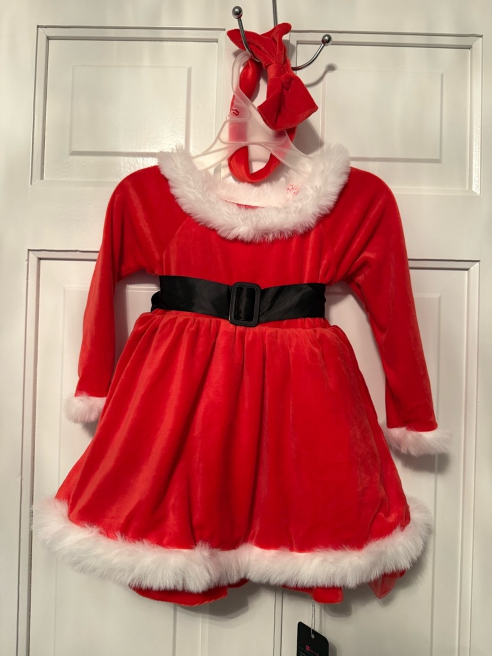 Red Faux-Fur Trim Holiday Velvet Dress with Belt and Bow - Picture 2 of 7